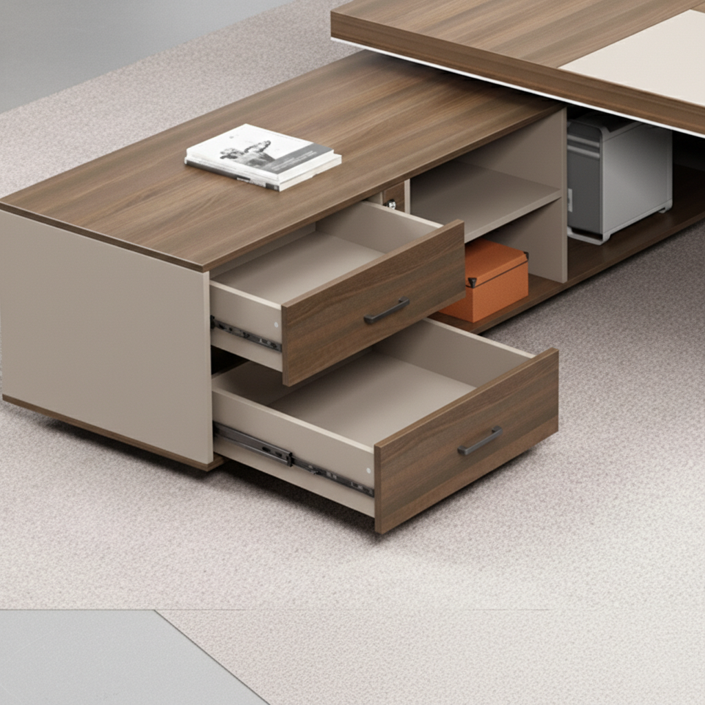 Modern Executive Director Table with Integrated Storage Units, Light Wood & Beige Finish, Premium Quality for Office