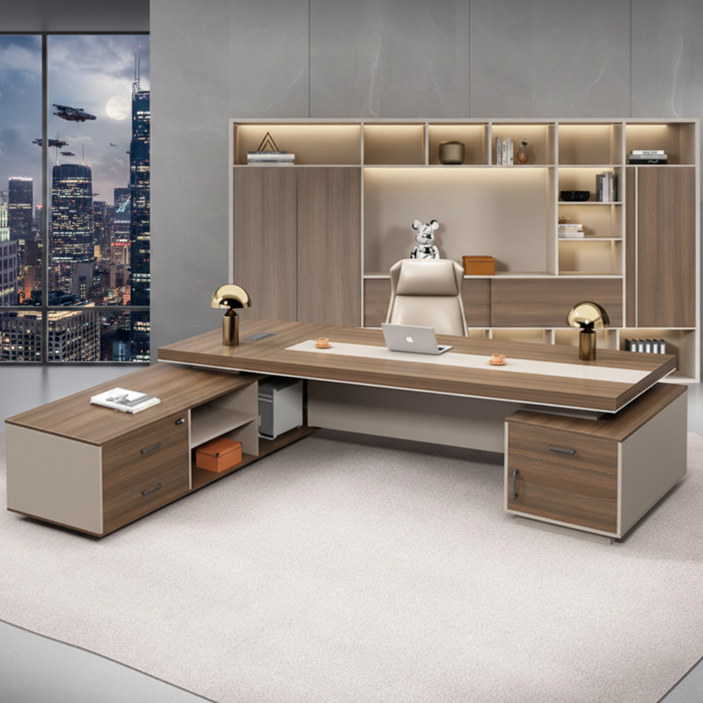 Modern Executive Director Table with Integrated Storage Units, Light Wood & Beige Finish, Premium Quality for Office