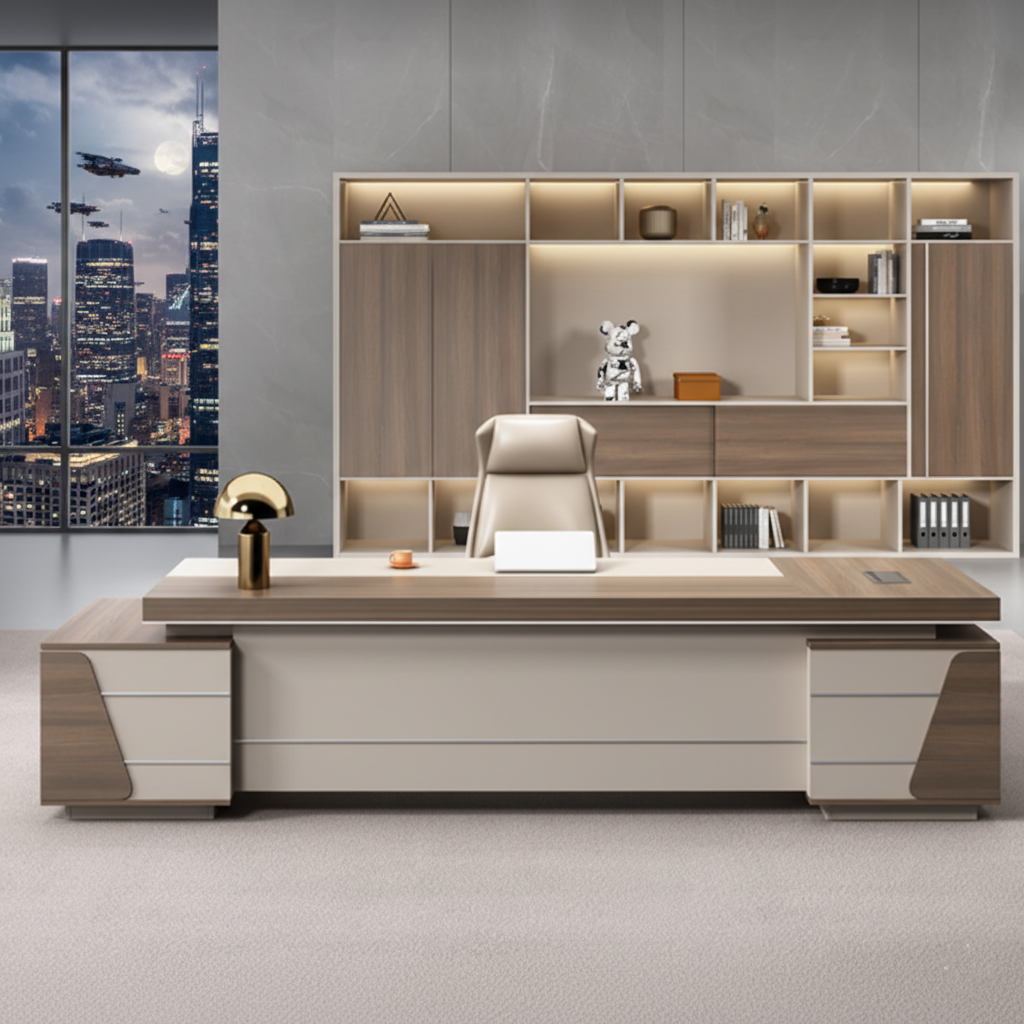 Modern Executive Director Table with Integrated Storage Units, Light Wood & Beige Finish, Premium Quality for Office