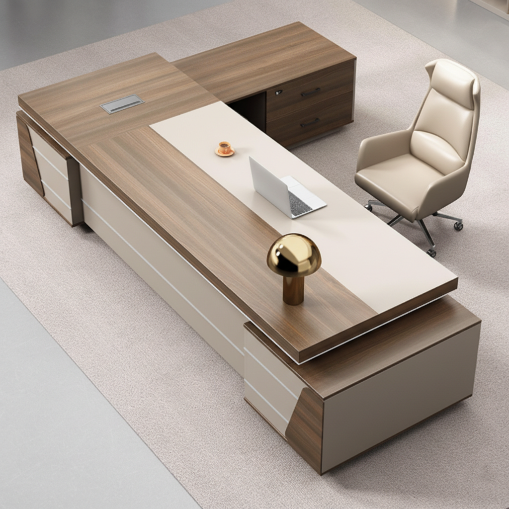 Modern Executive Director Table with Integrated Storage Units, Light Wood & Beige Finish, Premium Quality for Office