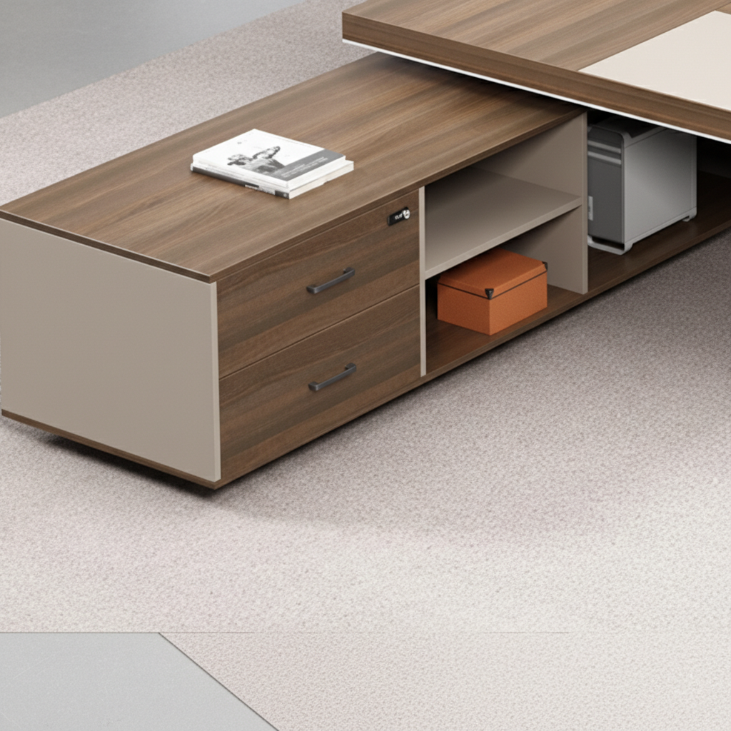 Modern Executive Director Table with Integrated Storage Units, Light Wood & Beige Finish, Premium Quality for Office
