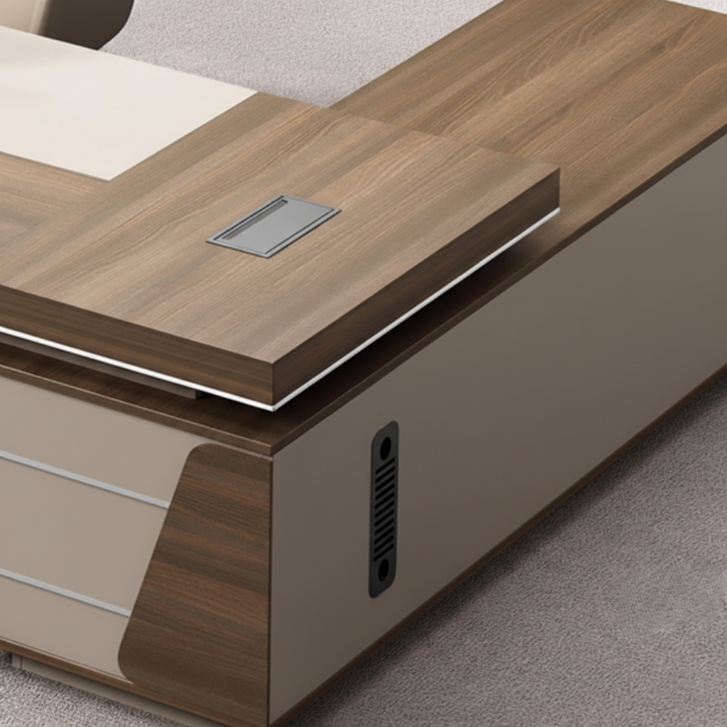 Modern Executive Director Table with Integrated Storage Units, Light Wood & Beige Finish, Premium Quality for Office