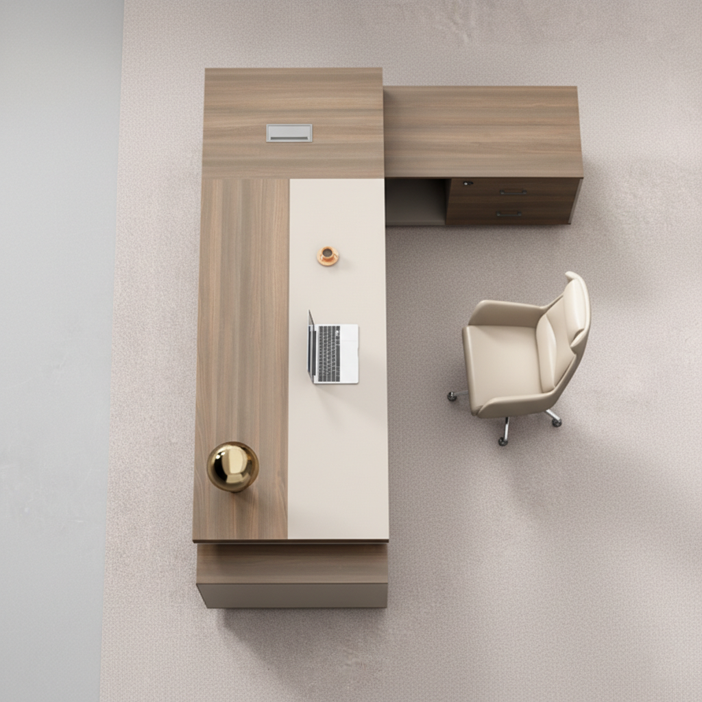 Modern Executive Director Table with Integrated Storage Units, Light Wood & Beige Finish, Premium Quality for Office