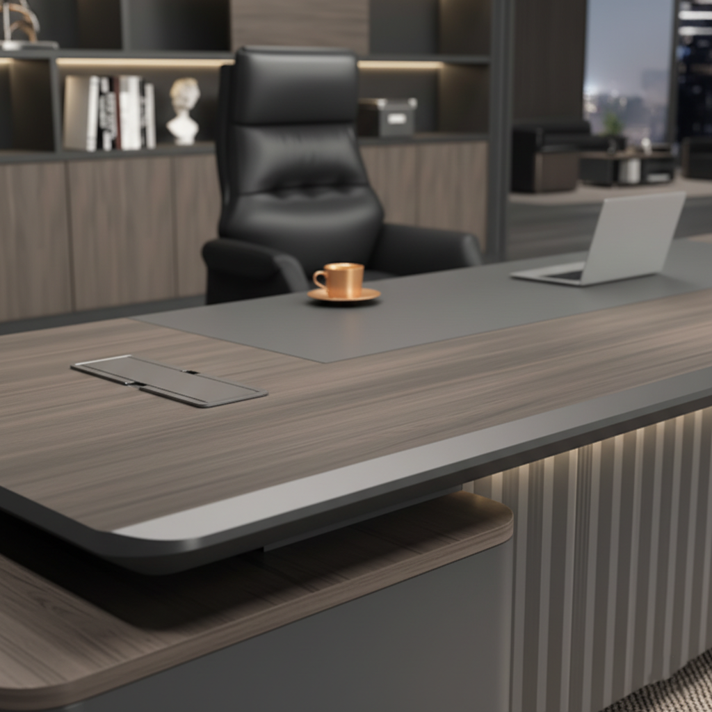 Luxury Modern Executive Director Table with Fluted Front Panel, Dark Wood Finish, Spacious Premium Office Desk
