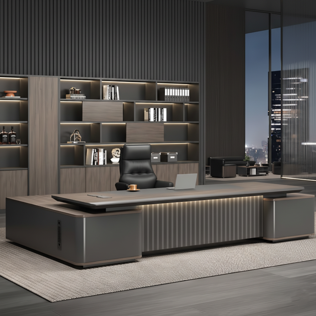 Luxury Modern Executive Director Table with Fluted Front Panel, Dark Wood Finish, Spacious Premium Office Desk