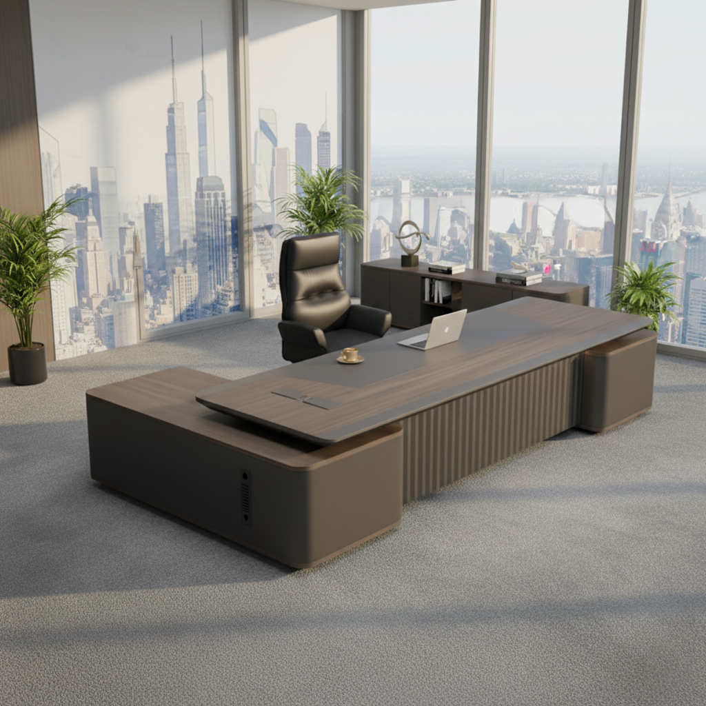 Luxury Modern Executive Director Table with Fluted Front Panel, Dark Wood Finish, Spacious Premium Office Desk