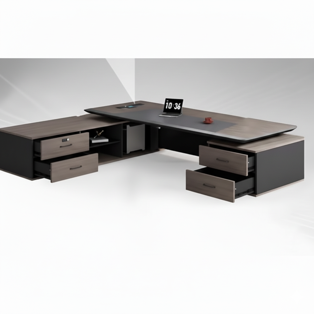 Luxury Modern Executive Director Table with Fluted Front Panel, Dark Wood Finish, Spacious Premium Office Desk