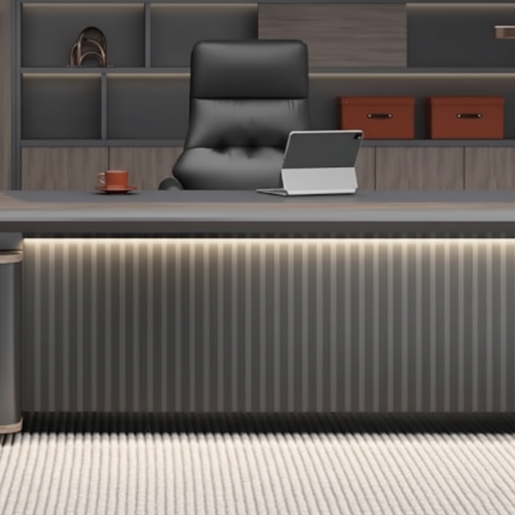 Luxury Modern Executive Director Table with Fluted Front Panel, Dark Wood Finish, Spacious Premium Office Desk