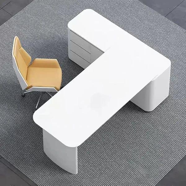 Modern Director Office Table in White Finish - L-Shape Executive Desk with Curved Edges and Integrated Storage