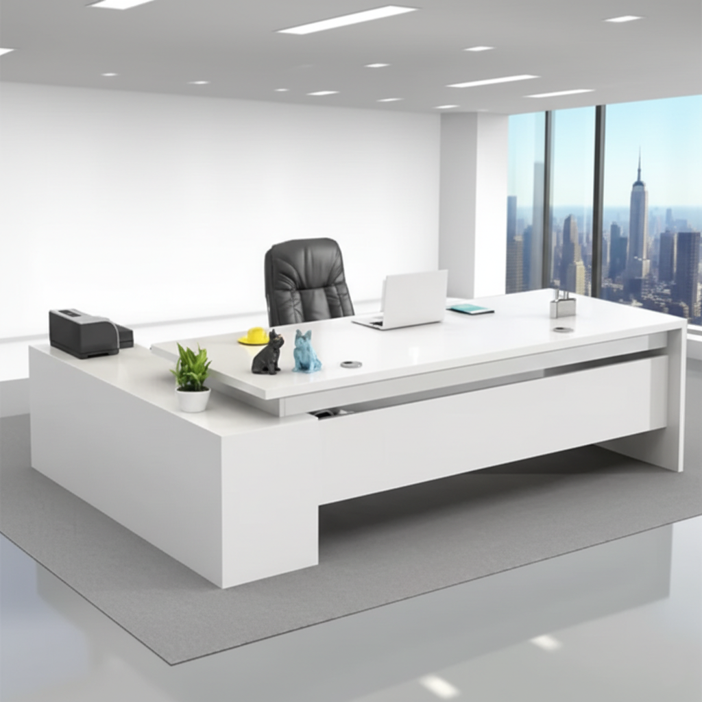 डायरेक्टर एल-आकार का ऑफिस टेबल, आधुनिक डेस्क, पार्टिकल बोर्ड से बना, दराज, रिवर्सिबल ओरिएंटेशन, सीपीयू स्टोरेज और वायर मैनेजमेंट के साथ