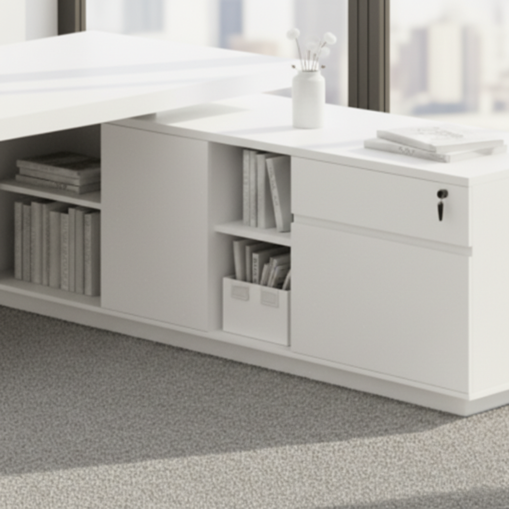 ডিরেক্টর এল-শেপ অফিস টেবিল আধুনিক ডেস্ক ড্রয়ার, রিভার্সিবল ওরিয়েন্টেশন, সিপিইউ স্টোরেজ এবং ওয়্যার ম্যানেজমেন্ট সহ পার্টিকেল বোর্ডে তৈরি