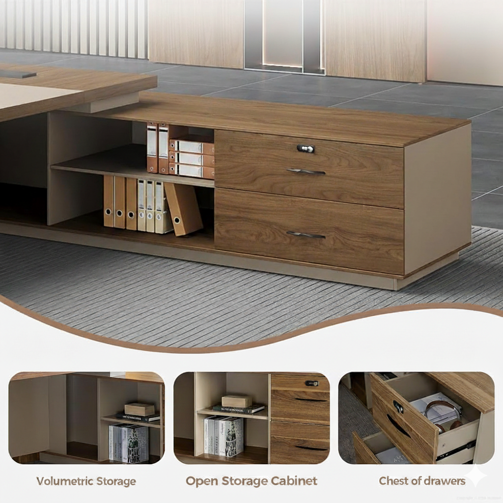 Luxury Executive Director Table with Premium Wood Finish and Beige Panels, Spacious Modern Office Desk for  CEO & Director Cabins