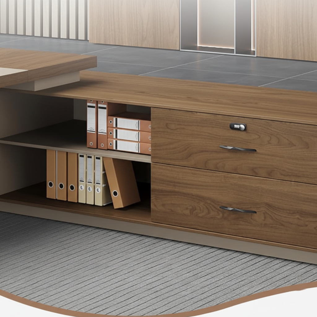 Luxury Executive Director Table with Premium Wood Finish and Beige Panels, Spacious Modern Office Desk for  CEO & Director Cabins