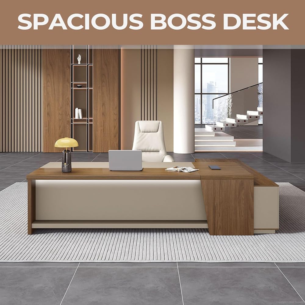 Luxury Executive Director Table with Premium Wood Finish and Beige Panels, Spacious Modern Office Desk for  CEO & Director Cabins