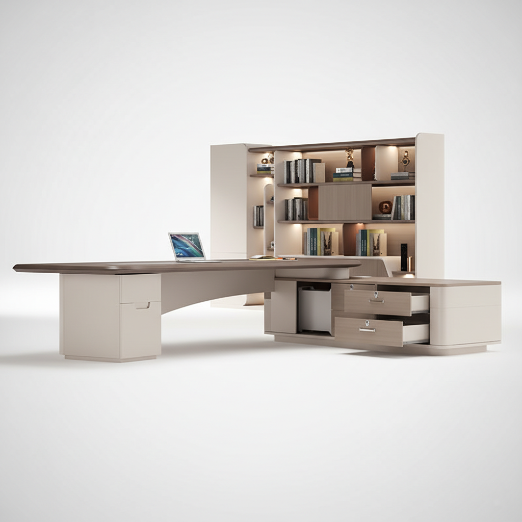 Luxury Director Table with Curved Edges, Premium Beige Finish and Integrated Storage, Modern Office Desk for CEO and Director Cabins