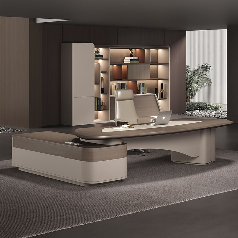 Luxury Director Table with Curved Edges, Premium Beige Finish and Integrated Storage, Modern Office Desk for CEO and Director Cabins