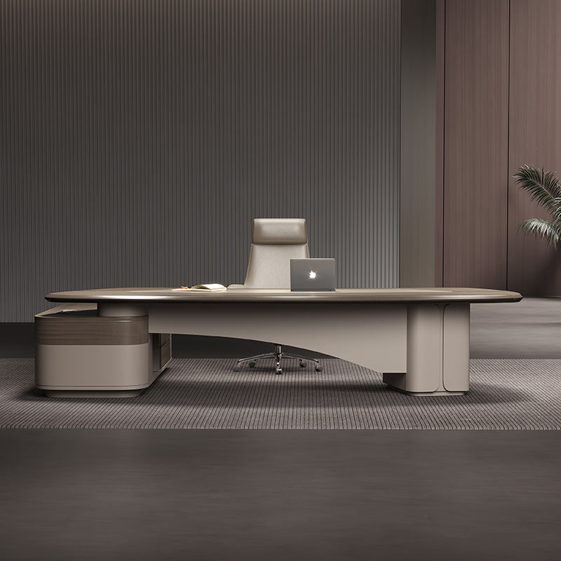 Luxury Director Table with Curved Edges, Premium Beige Finish and Integrated Storage, Modern Office Desk for CEO and Director Cabins