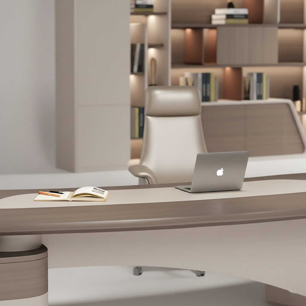 Luxury Director Table with Curved Edges, Premium Beige Finish and Integrated Storage, Modern Office Desk for CEO and Director Cabins