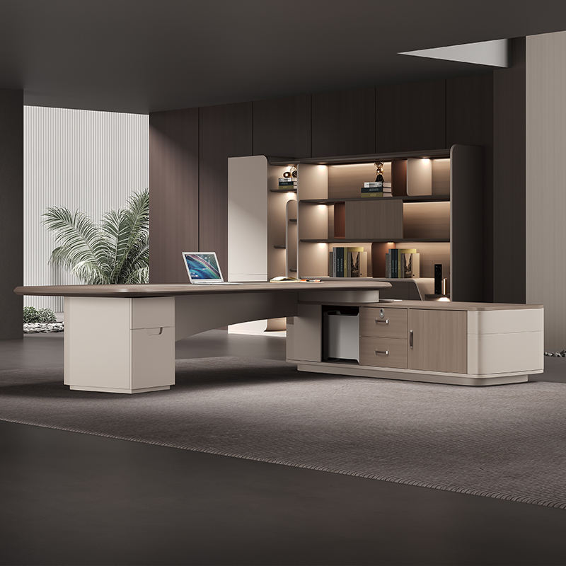 Luxury Director Table with Curved Edges, Premium Beige Finish and Integrated Storage, Modern Office Desk for CEO and Director Cabins