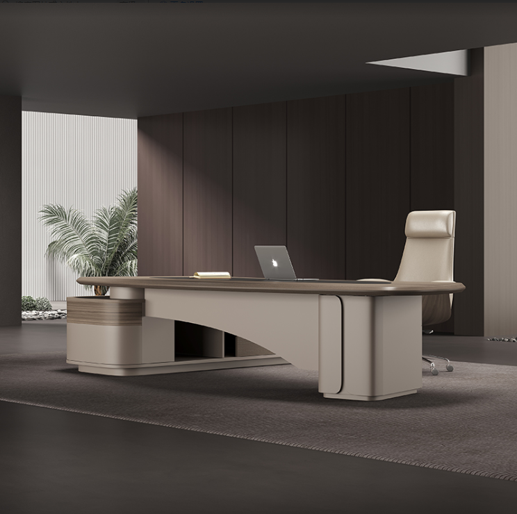 Luxury Director Table with Curved Edges, Premium Beige Finish and Integrated Storage, Modern Office Desk for CEO and Director Cabins