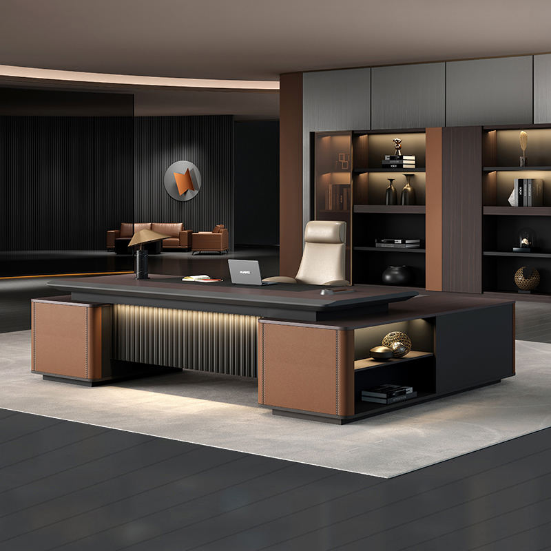 Luxury Executive Director Table with Fluted LED Front Panel, Leather-Accent Storage Units, Dark Wood Finish, Premium Office Desk