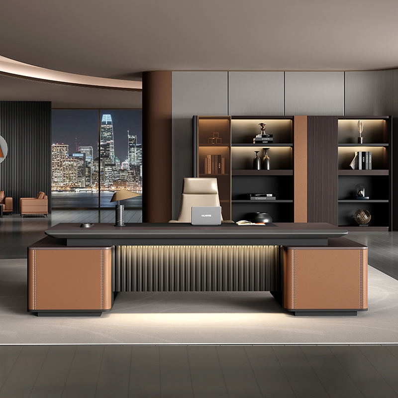 Luxury Executive Director Table with Fluted LED Front Panel, Leather-Accent Storage Units, Dark Wood Finish, Premium Office Desk