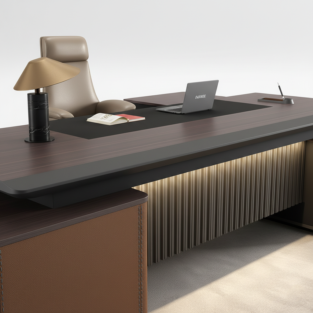 Luxury Executive Director Table with Fluted LED Front Panel, Leather-Accent Storage Units, Dark Wood Finish, Premium Office Desk