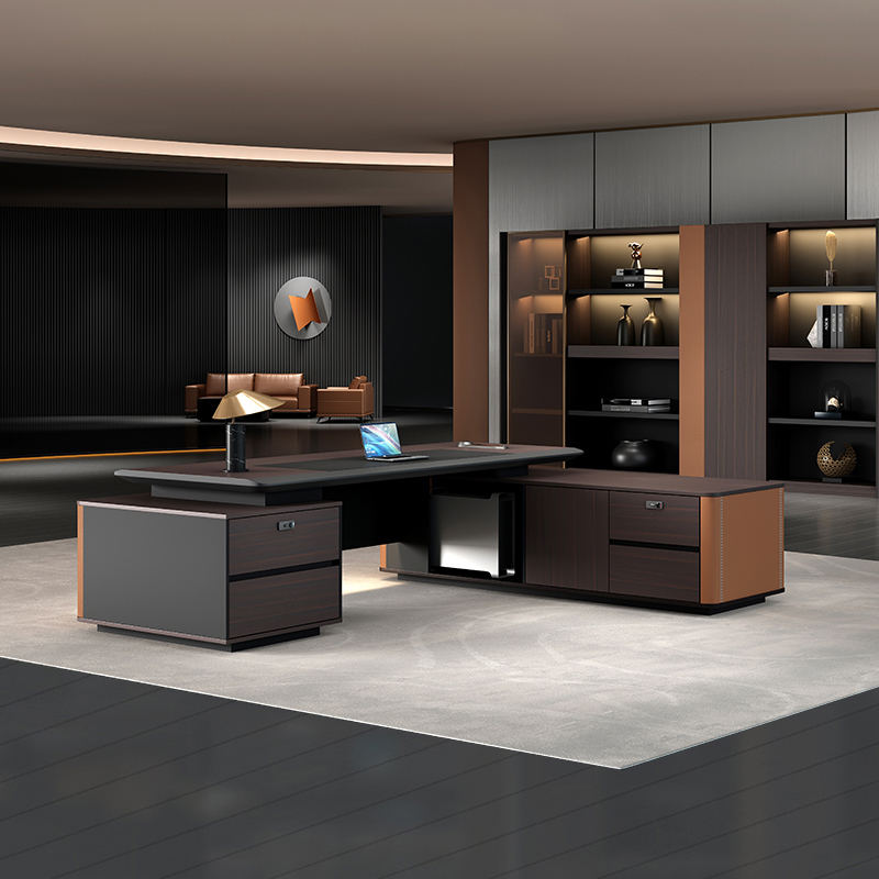 Luxury Executive Director Table with Fluted LED Front Panel, Leather-Accent Storage Units, Dark Wood Finish, Premium Office Desk