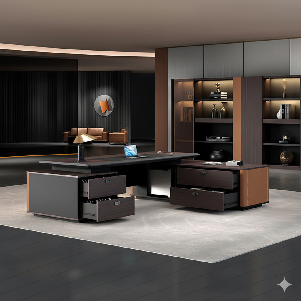 Luxury Executive Director Table with Fluted LED Front Panel, Leather-Accent Storage Units, Dark Wood Finish, Premium Office Desk