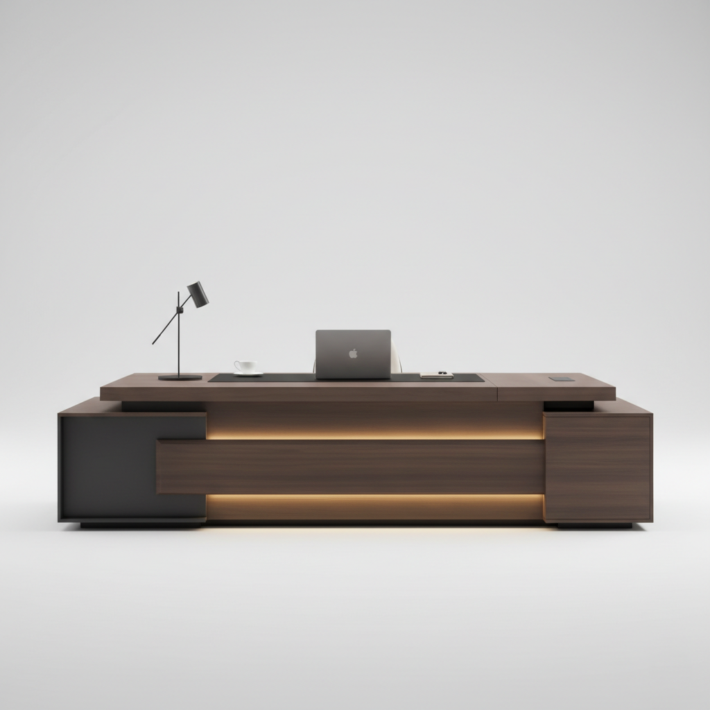 Luxury Executive Director Table with Floating Worktop, Integrated LED Under-Glow, Dark Matte Finish, Premium Office Desk