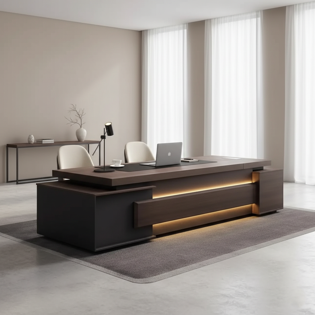 Luxury Executive Director Table with Floating Worktop, Integrated LED Under-Glow, Dark Matte Finish, Premium Office Desk