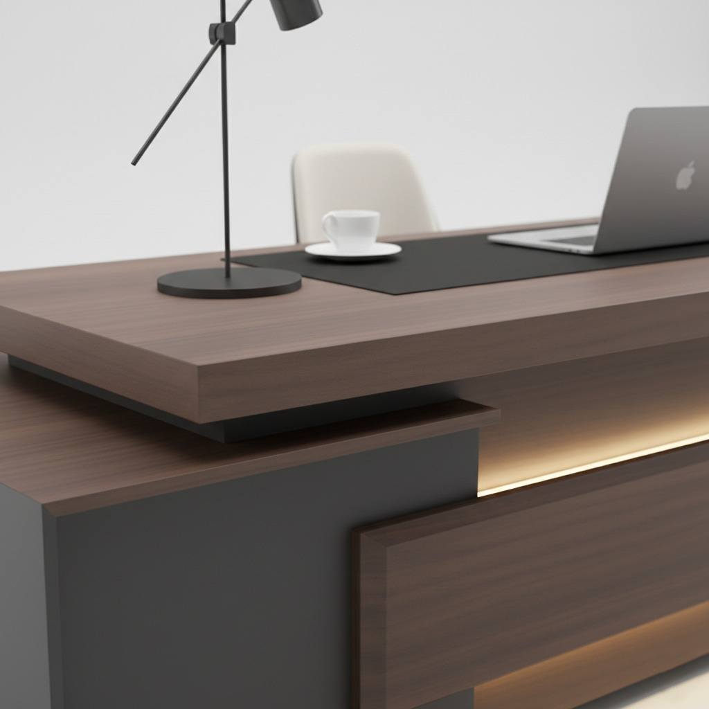 Luxury Executive Director Table with Floating Worktop, Integrated LED Under-Glow, Dark Matte Finish, Premium Office Desk