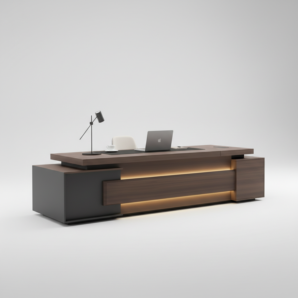 Luxury Executive Director Table with Floating Worktop, Integrated LED Under-Glow, Dark Matte Finish, Premium Office Desk