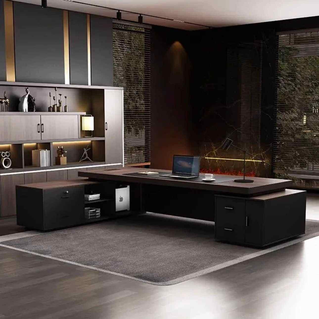 Luxury Executive Director Table with Floating Worktop, Integrated LED Under-Glow, Dark Matte Finish, Premium Office Desk