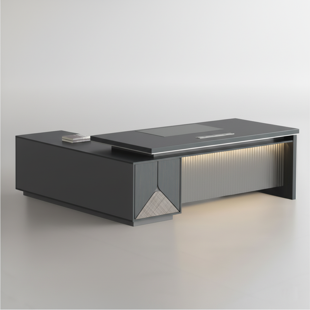 Modern Director Table with Fluted Front Panel, Integrated LED Accent Lighting & Premium Matte Finish for Executive Office Spaces