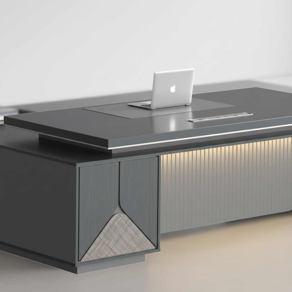 Modern Director Table with Fluted Front Panel, Integrated LED Accent Lighting & Premium Matte Finish for Executive Office Spaces