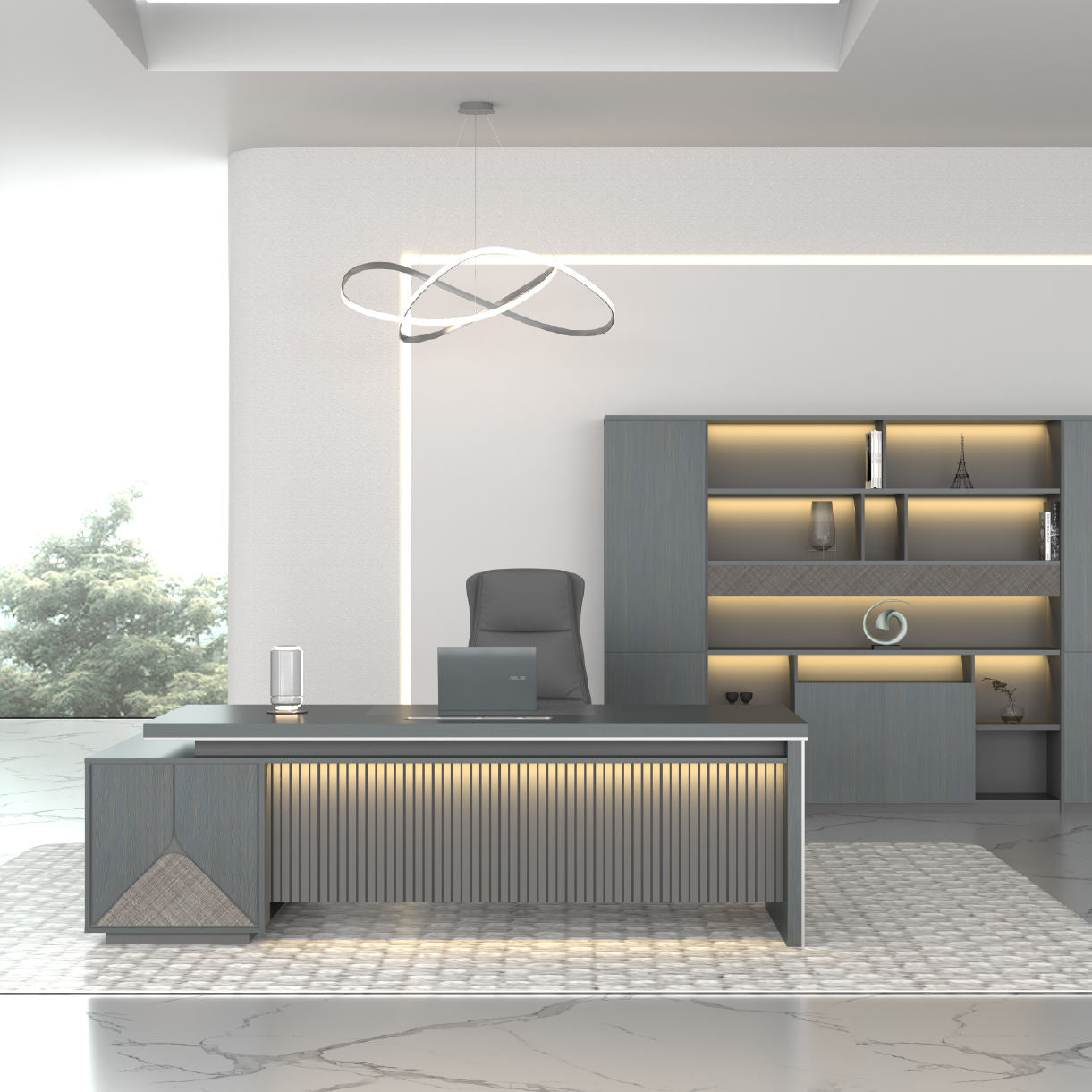 Modern Director Table with Fluted Front Panel, Integrated LED Accent Lighting & Premium Matte Finish for Executive Office Spaces