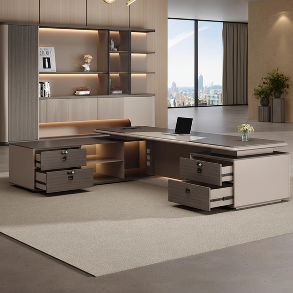 Luxury Director Table with Soft Rounded Edges, Integrated LED Accent Lighting, Premium Matte Finish & Contemporary Executive Office Design