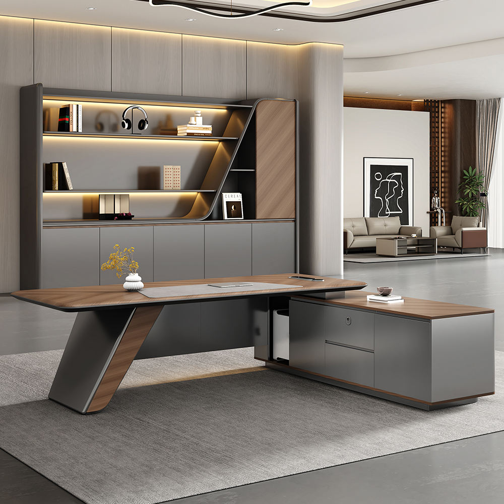 Luxury Director Table with Curved Wooden Top, Integrated LED Accent Panel, Matte Grey Base & Premium Modern Executive Office Furniture