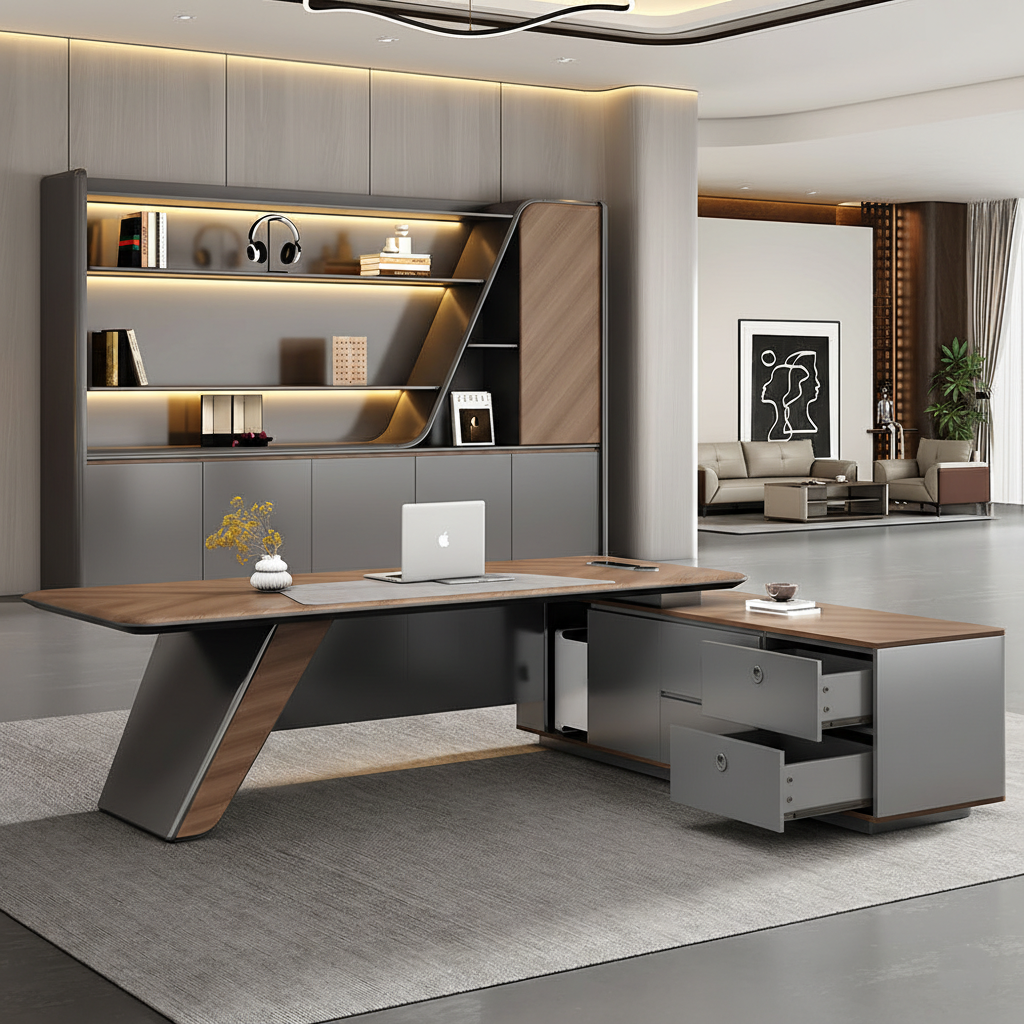 Luxury Director Table with Curved Wooden Top, Integrated LED Accent Panel, Matte Grey Base & Premium Modern Executive Office Furniture