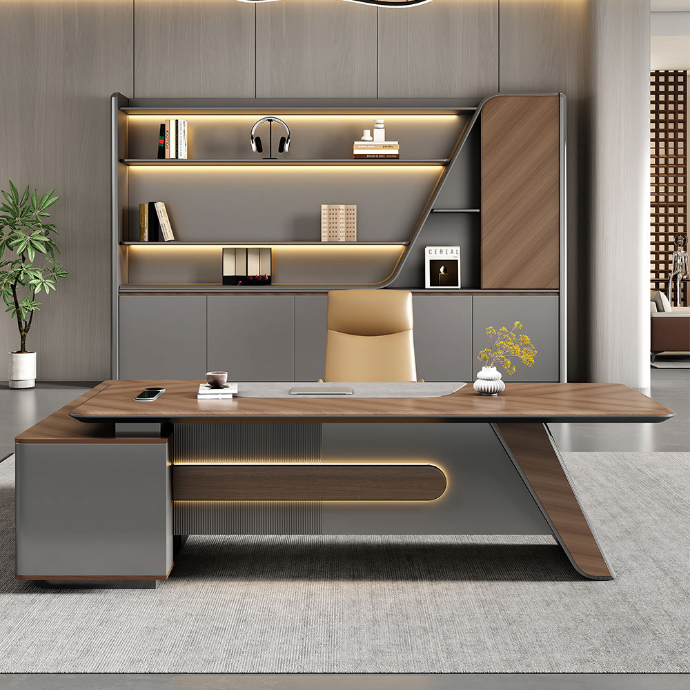 Luxury Director Table with Curved Wooden Top, Integrated LED Accent Panel, Matte Grey Base & Premium Modern Executive Office Furniture