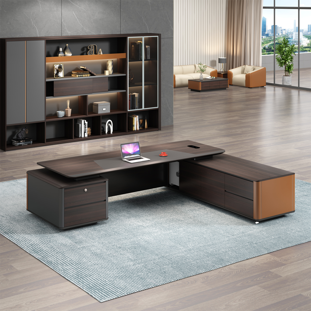 ডিরেক্টর এল-শেপ অফিস টেবিল আধুনিক ডেস্ক ড্রয়ার, রিভার্সিবল ওরিয়েন্টেশন, সিপিইউ স্টোরেজ এবং ওয়্যার ম্যানেজমেন্ট সহ পার্টিকেল বোর্ডে তৈরি