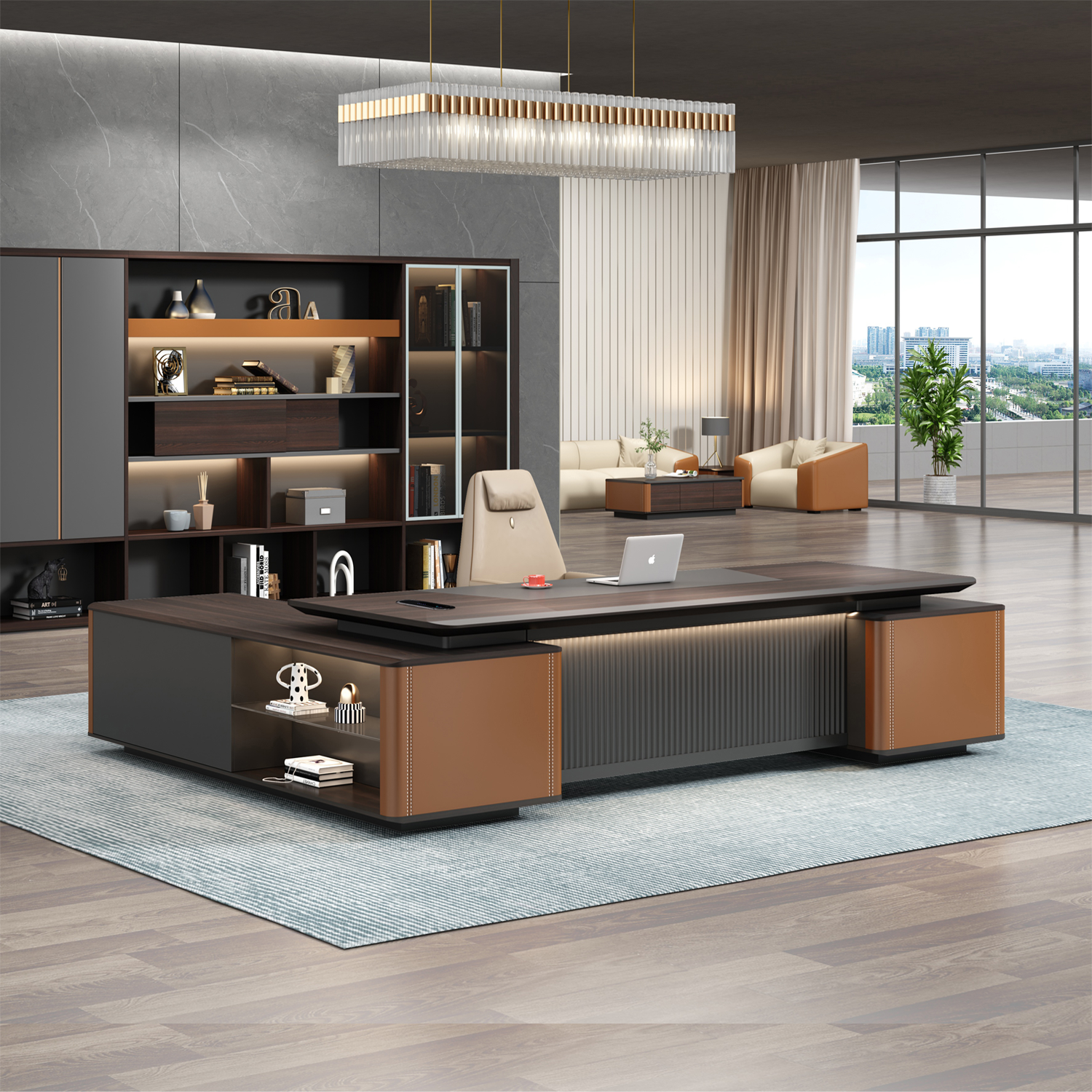 Luxury Executive Director Table with Integrated Storage, Ribbed Front Panel, LED Accent Lighting and Premium Wood Finish