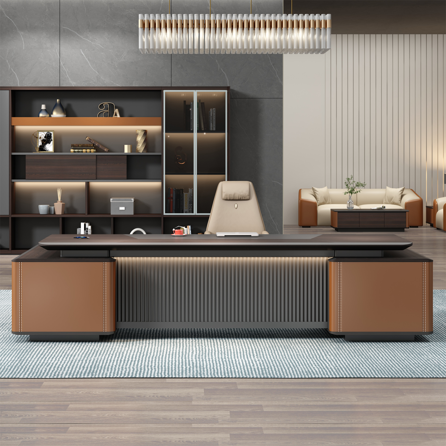 Luxury Executive Director Table with Integrated Storage, Ribbed Front Panel, LED Accent Lighting and Premium Wood Finish