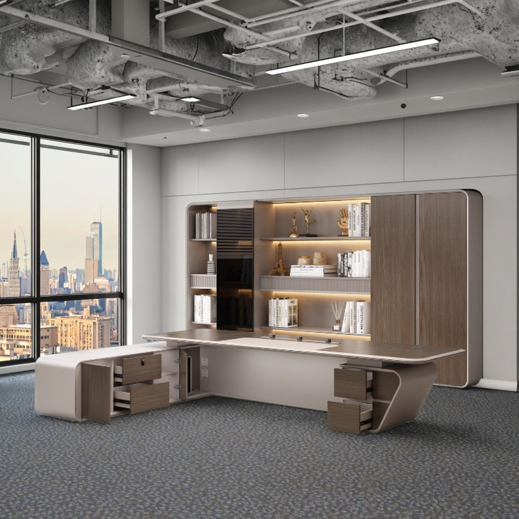 ডিরেক্টর এল-শেপ অফিস টেবিল আধুনিক ডেস্ক ড্রয়ার, রিভার্সিবল ওরিয়েন্টেশন, সিপিইউ স্টোরেজ এবং ওয়্যার ম্যানেজমেন্ট সহ পার্টিকেল বোর্ডে তৈরি