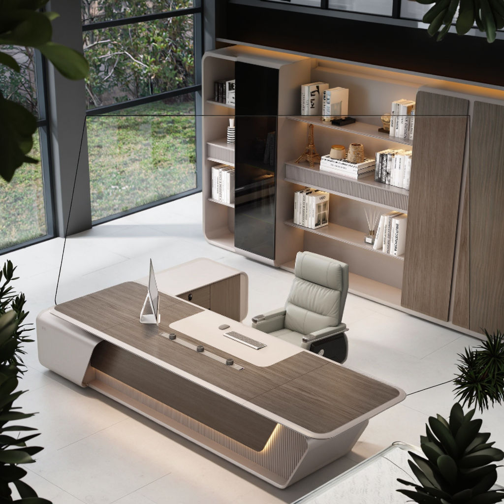 Luxury Modern Director Table with Integrated LED Lighting, Curved Edge Design for Premium Executive Office