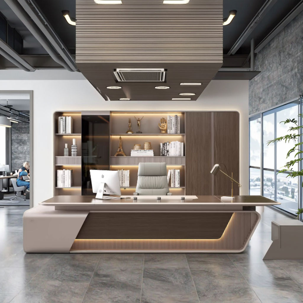 Luxury Modern Director Table with Integrated LED Lighting, Curved Edge Design for Premium Executive Office