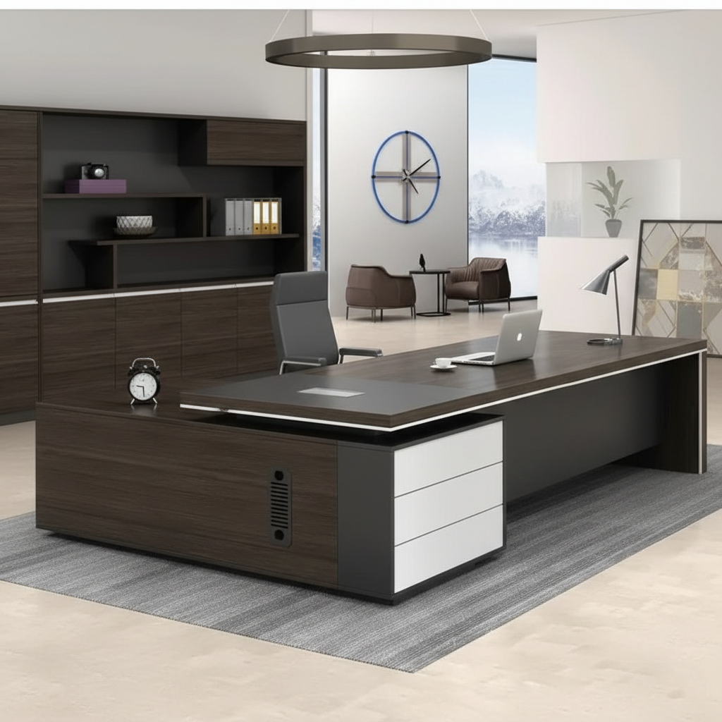 Modern Executive Director Table in Dark Brown & White Finish with Side Drawers, Spacious Worktop for Premium Office Interiors