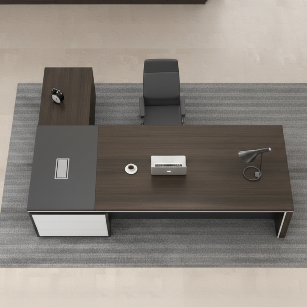 ডিরেক্টর এল-শেপ অফিস টেবিল আধুনিক ডেস্ক ড্রয়ার, রিভার্সিবল ওরিয়েন্টেশন, সিপিইউ স্টোরেজ এবং ওয়্যার ম্যানেজমেন্ট সহ পার্টিকেল বোর্ডে তৈরি