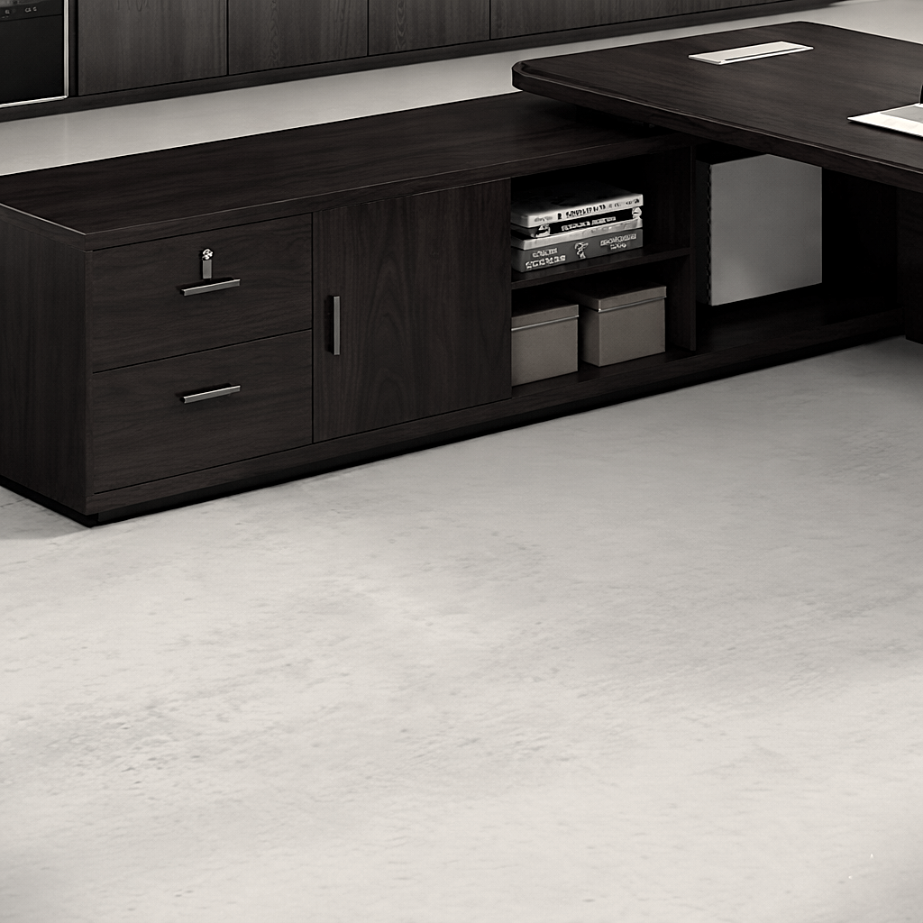 ডিরেক্টর এল-শেপ অফিস টেবিল আধুনিক ডেস্ক ড্রয়ার, রিভার্সিবল ওরিয়েন্টেশন, সিপিইউ স্টোরেজ এবং ওয়্যার ম্যানেজমেন্ট সহ পার্টিকেল বোর্ডে তৈরি